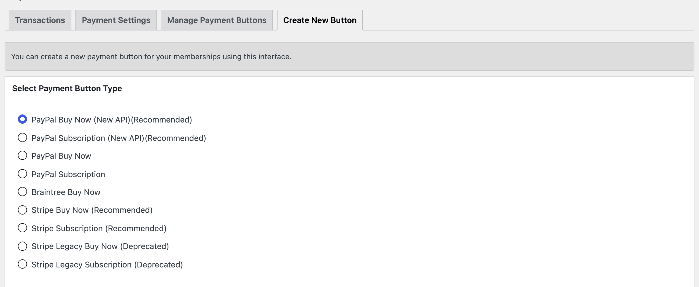 Create New Button, with the payment button types to choose from