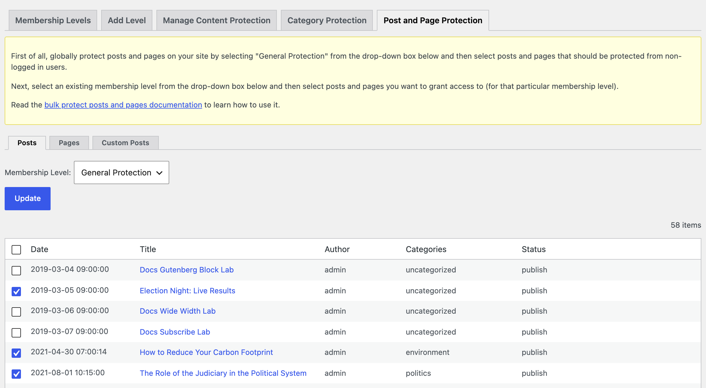 Post and Page Protection with General Protection chosen and three posts ticked in the list under the Update button.