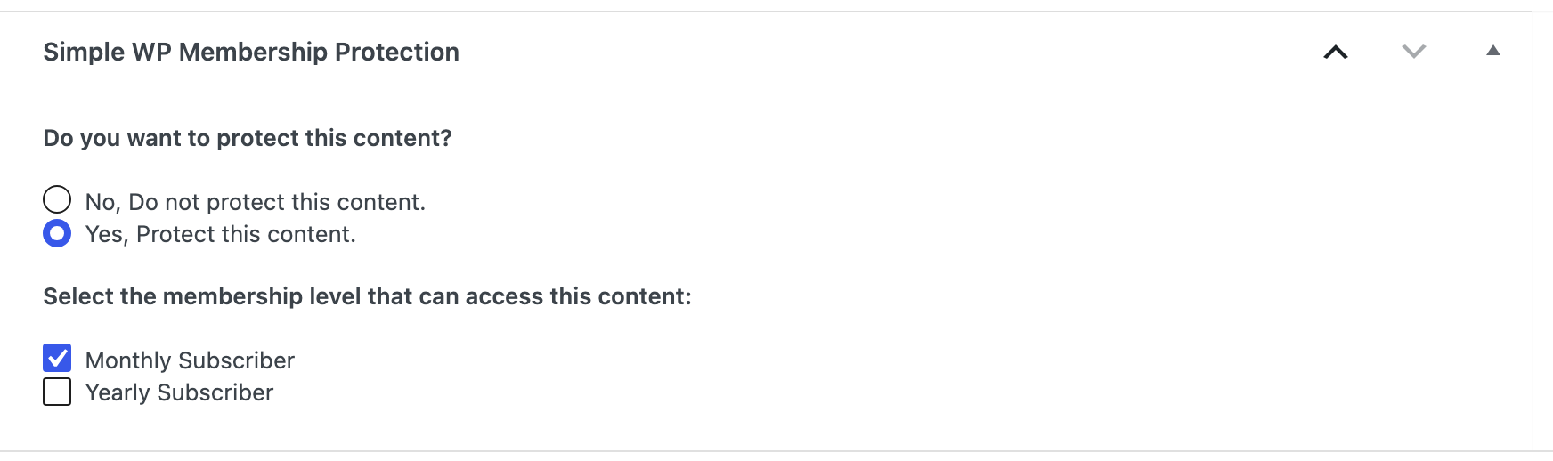 The Simple WP Membership Protection box with Yes, Protect this content selected and Monthly Subscriber ticked.