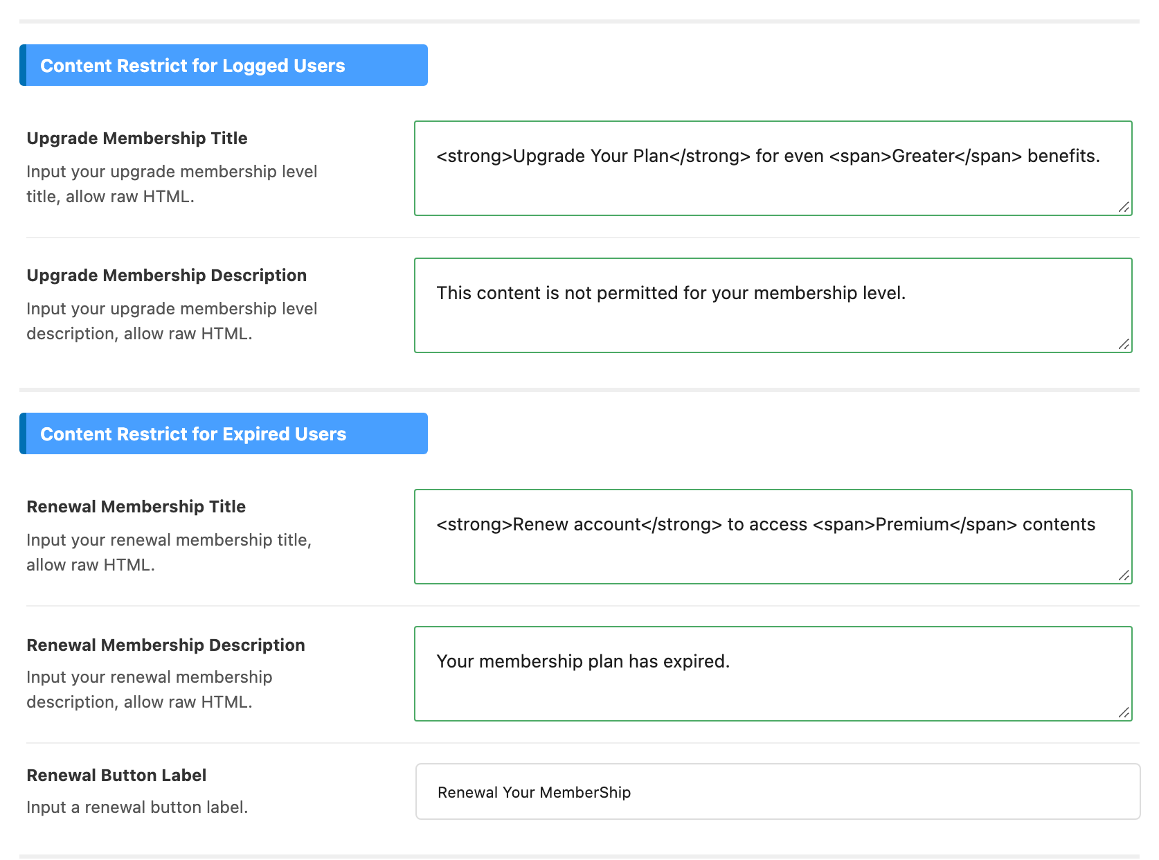 The Content Restrict for Logged Users and Content Restrict for Expired Users groups of Theme Options > Membership, with their upgrade and renewal fields