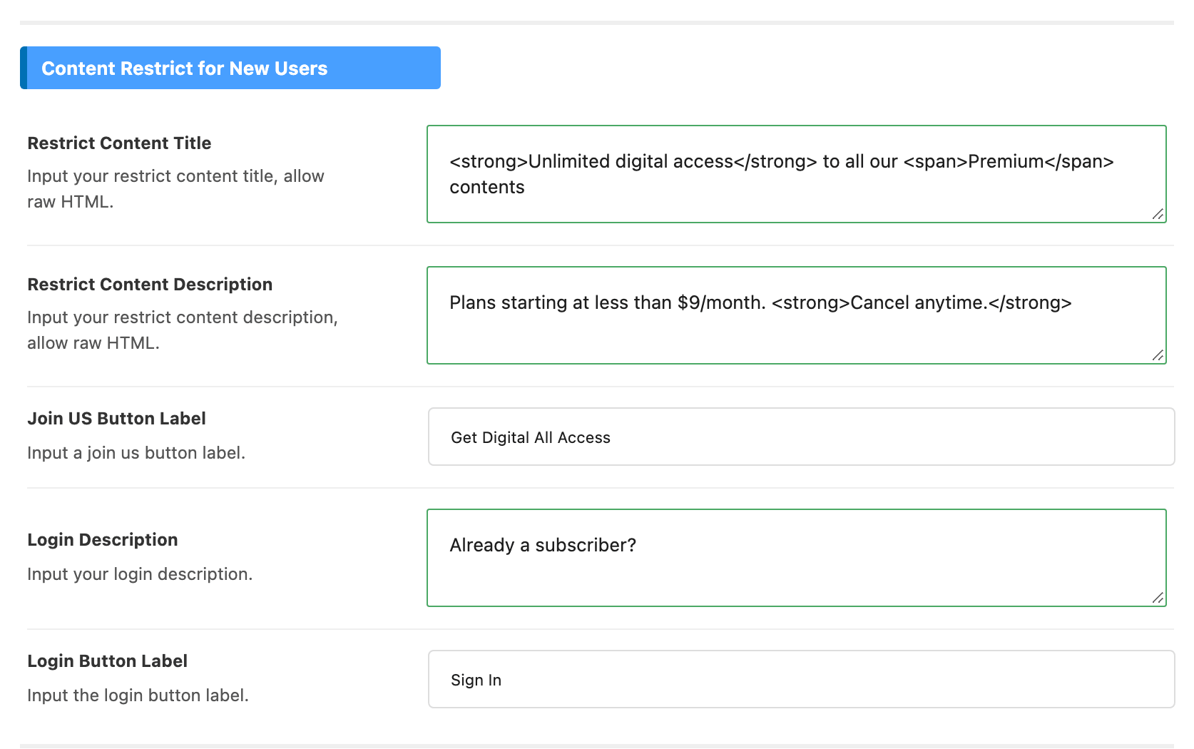 The Content Restrict for New Users section of the Membership panel