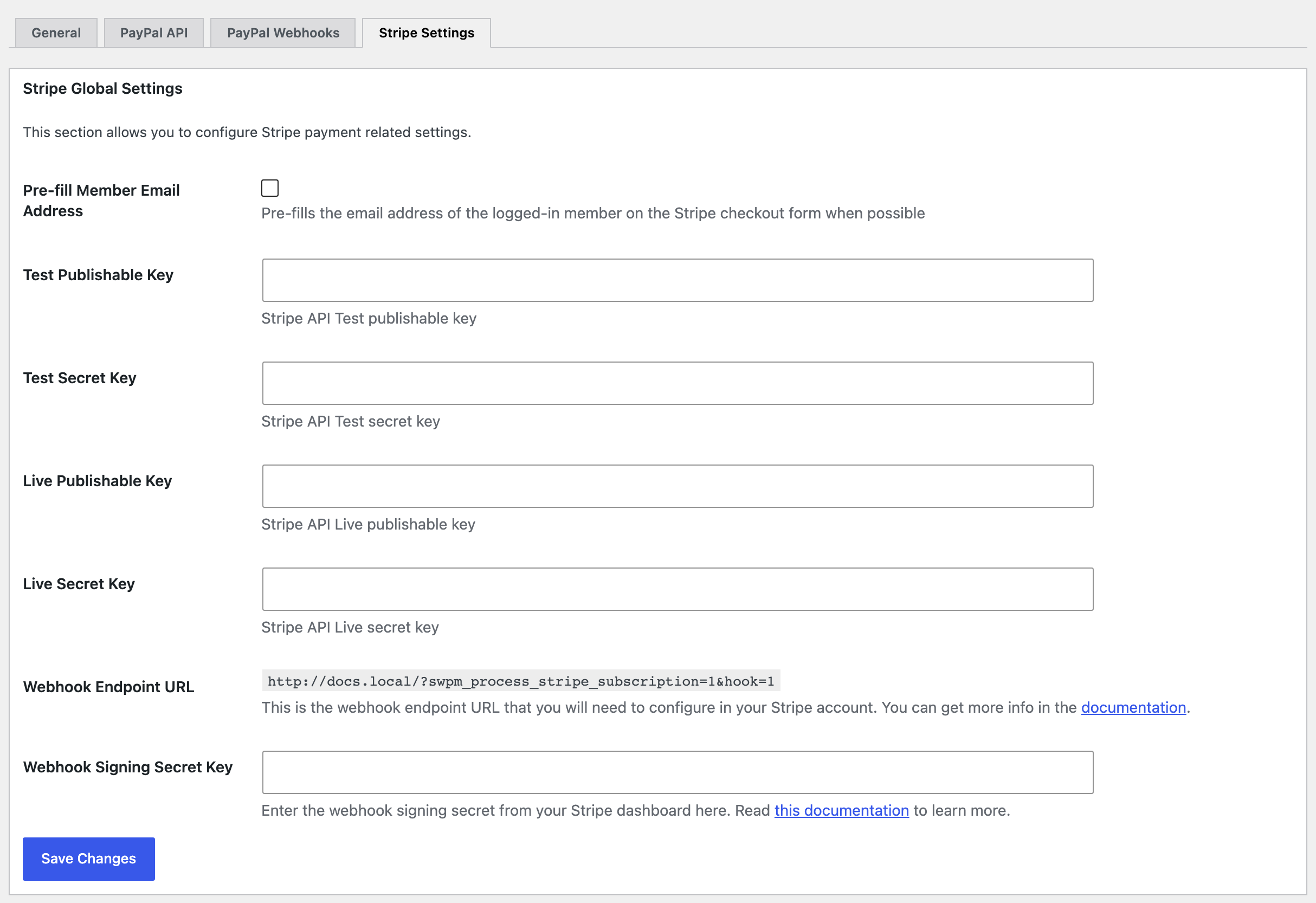 The Stripe Settings sub tab of WP Membership Payments, with the test and live key fields, the Webhook Endpoint URL and Webhook Signing Secret Key.