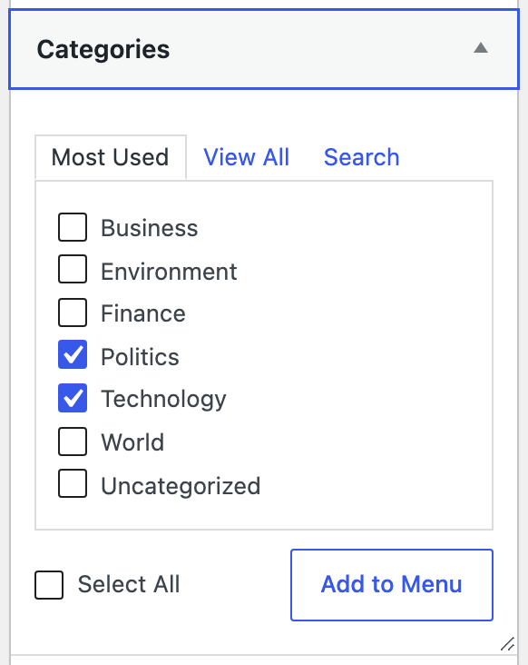 The Categories box on Appearance > Menus with Politics and Technology ticked above the Add to Menu button
