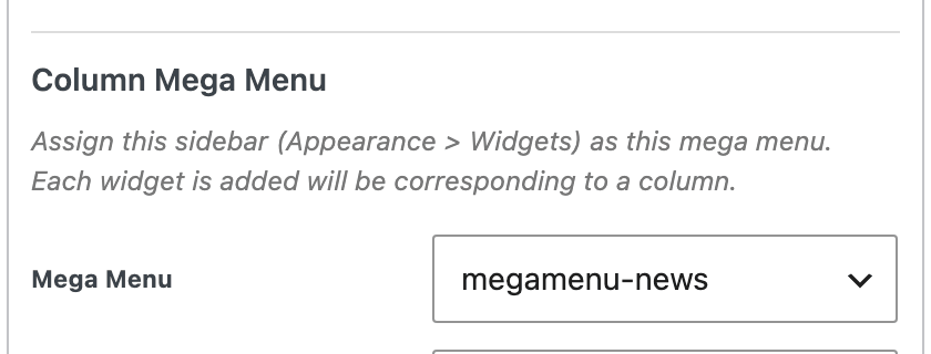 The Column Mega Menu group on a Custom Link menu item, with Mega Menu set to the megamenu-news widget area