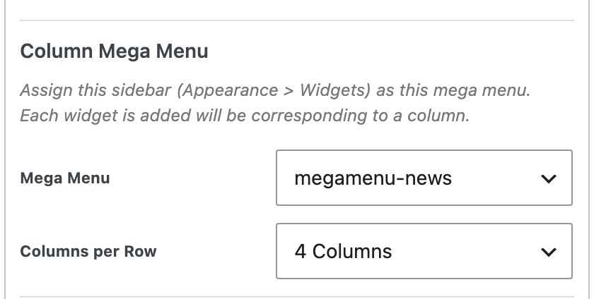 The Column Mega Menu group with Columns per Row set to 4 Columns below the Mega Menu dropdown