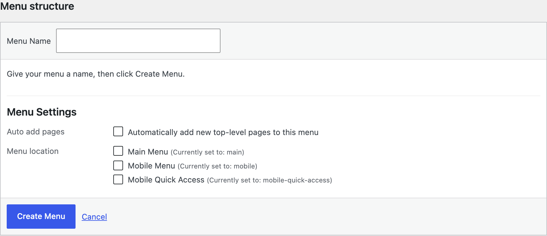 Appearance > Menus with no menu selected: the Menu Name field and the Create Menu button