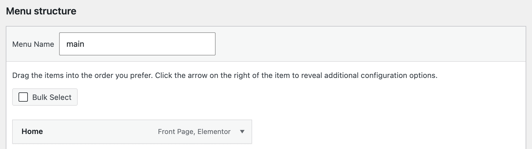 The Menu structure box, with the arrow on the right of a menu item that opens its settings