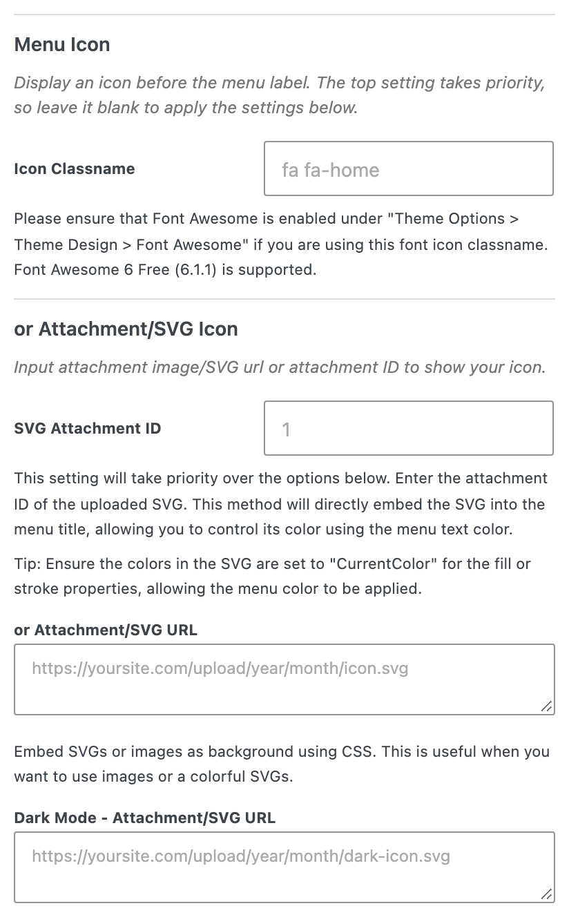 The Menu Icon section of a menu item, with Icon Classname above the three Attachment/SVG fields