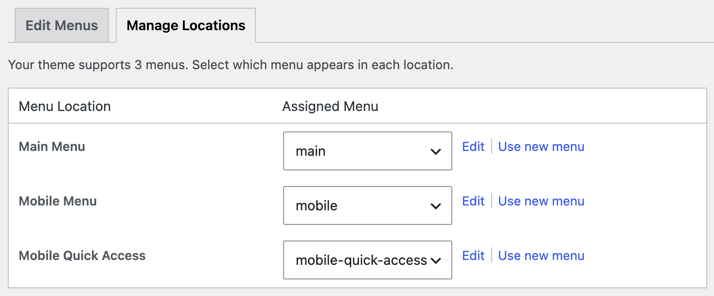 The Manage Locations tab with a menu assigned to each of the theme's three locations