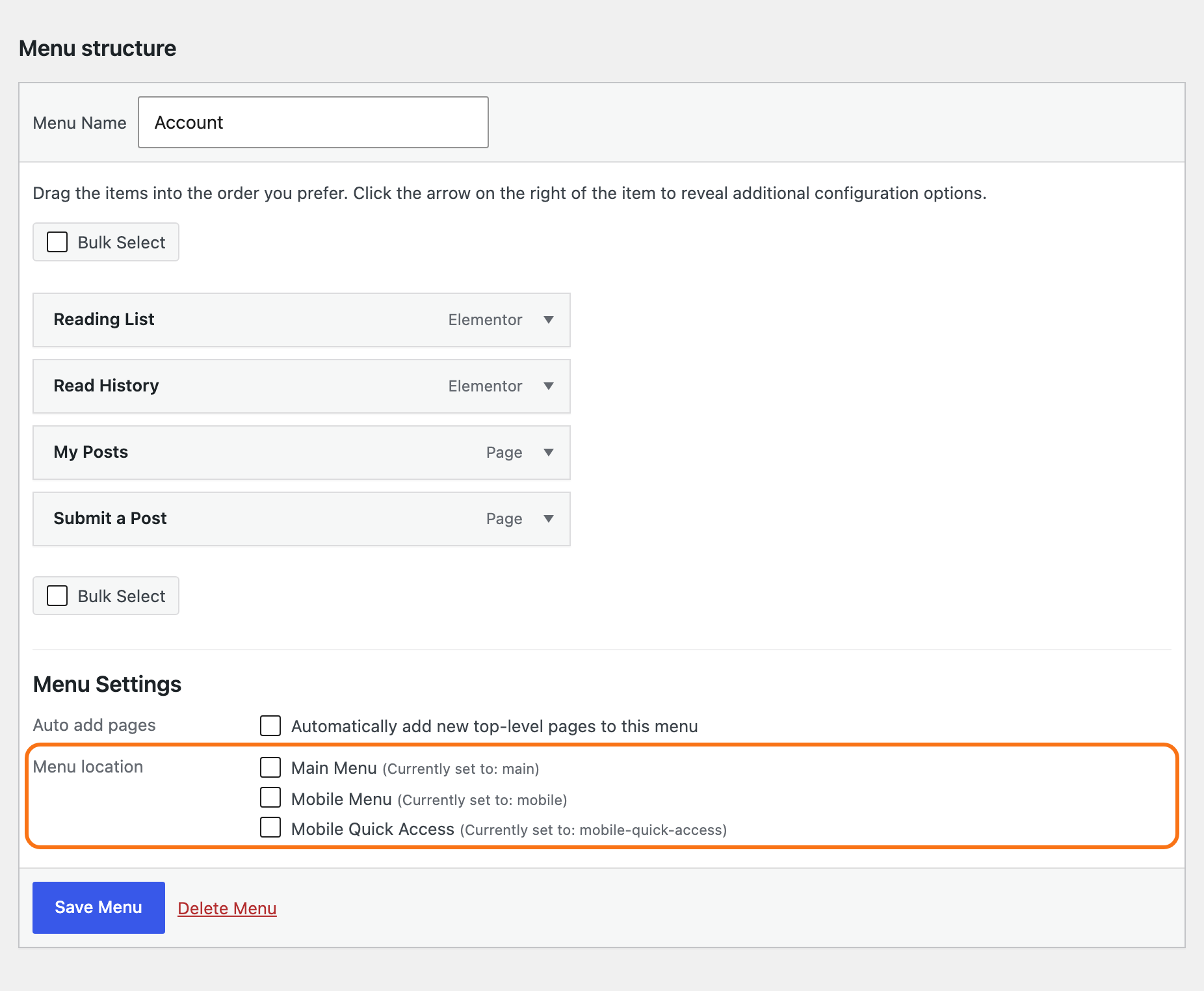 Appearance > Menus with the menu Account open: Menu Name Account, four items in Menu structure (Reading List, Read History, My Posts, Submit a Post), and under Menu Settings every Menu location left unticked, outlined in orange, above the Save Menu button