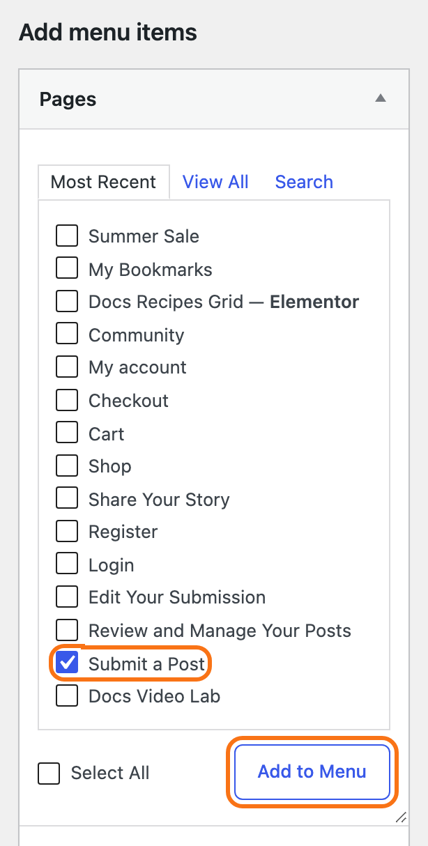 Appearance > Menus, Add menu items: the Pages box open on Most Recent, with Submit a Post ticked and outlined, and the Add to Menu button outlined