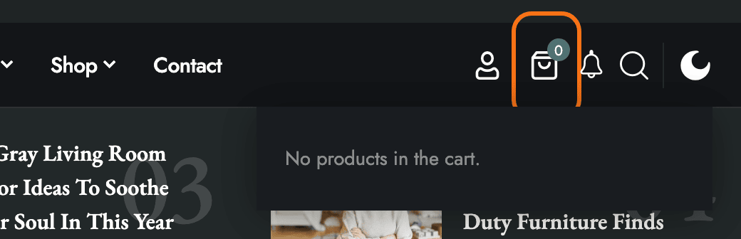 The cart icon in the Foxiz Living demo header with its counter, and its dropdown open: No products in the cart