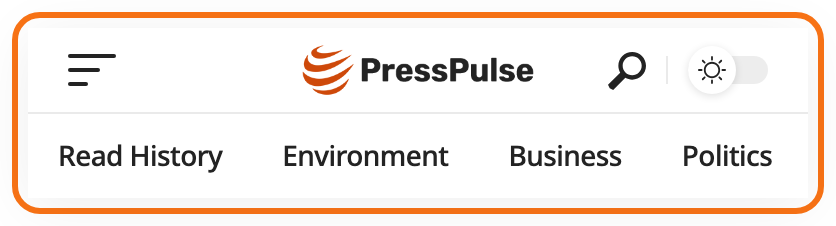The mobile header on Center Logo, outlined in orange: the menu toggle on the left, the logo in the centre, the search icon and dark mode switch on the right.