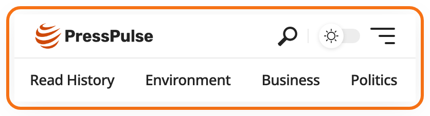 The mobile header on Left Logo 2, outlined in orange: the logo on the left, then the search icon, the dark mode switch and the menu toggle at the far right.