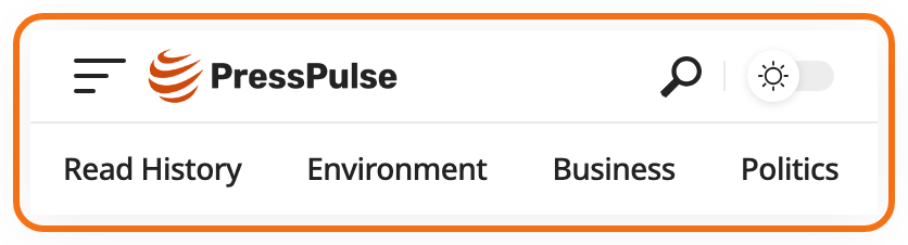The mobile header on Left Logo, outlined in orange: the menu toggle and the logo on the left, the search icon and dark mode switch on the right, and the Mobile Quick Access row under the bar.