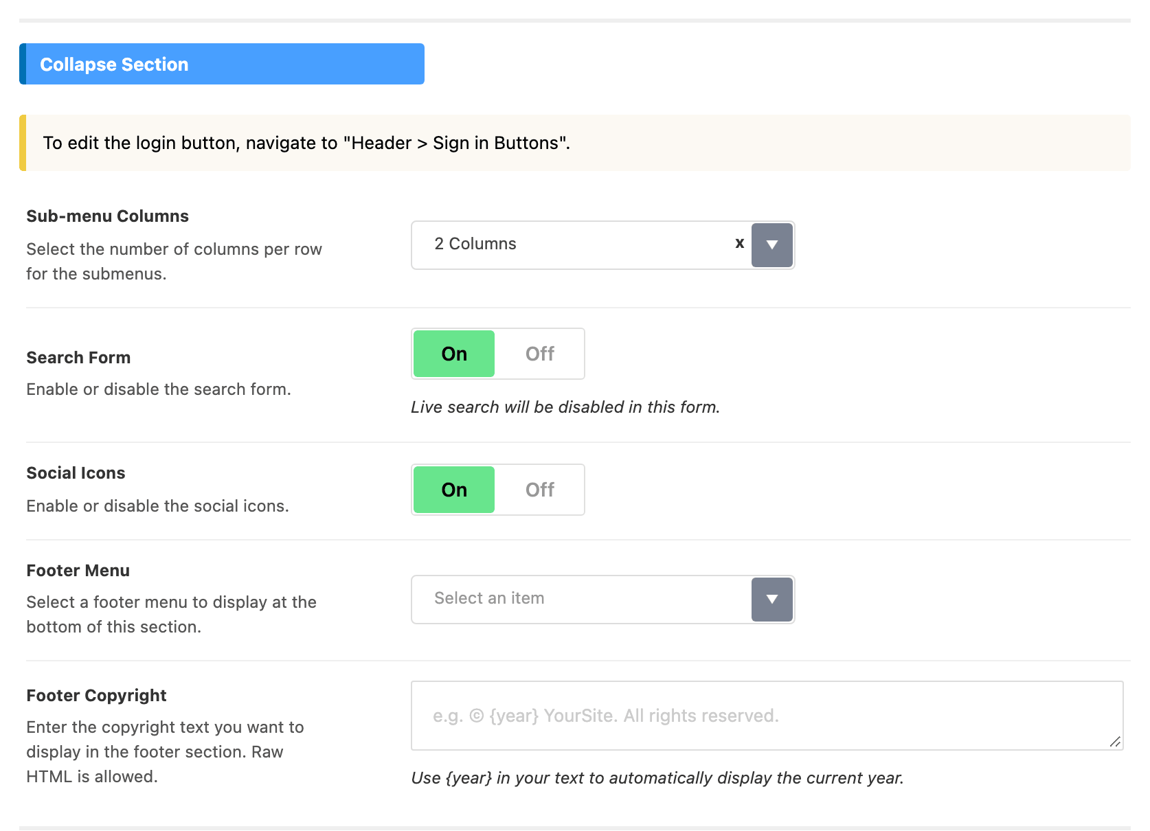 The Collapse Section group of Header > Mobile Header, with the Social Icons switch among Search Form, Footer Menu and Footer Copyright
