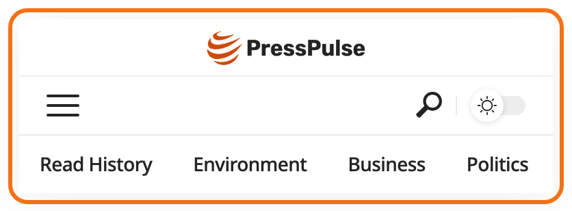The mobile header on Top Logo, outlined in orange: the logo centred on its own row, the menu toggle, search icon and dark mode switch on the row below.
