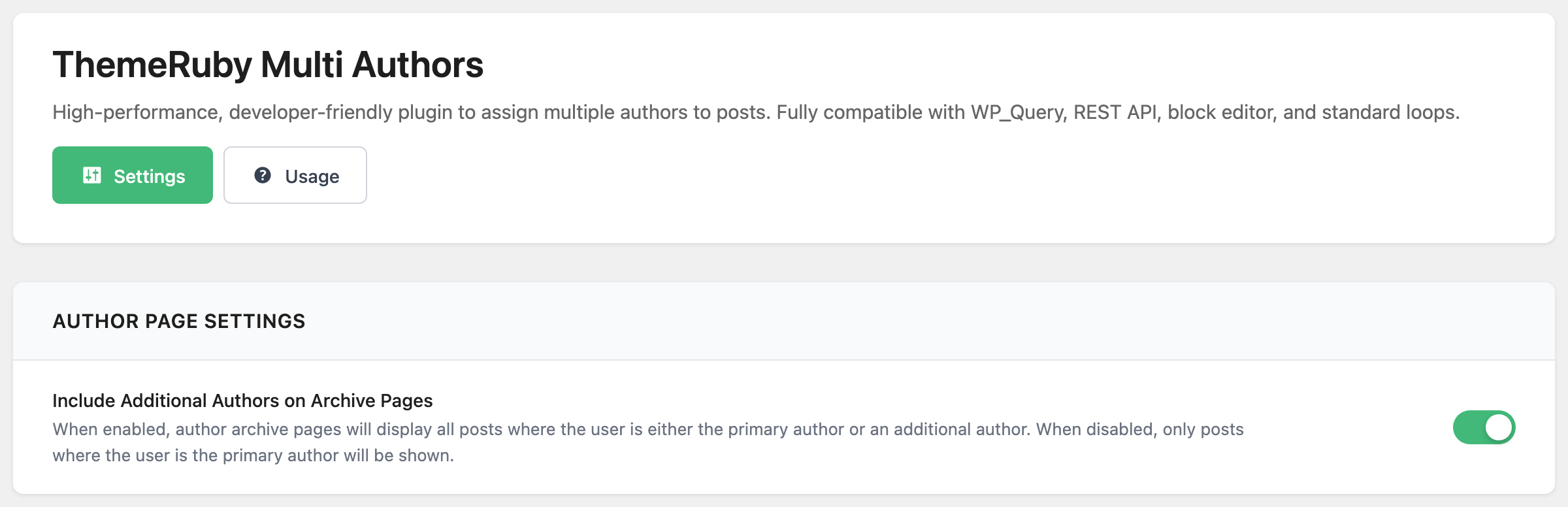 Foxiz > ThemeRuby Multi Authors on its Settings tab, showing the Author Page Settings section: Include Additional Authors on Archive Pages switched on