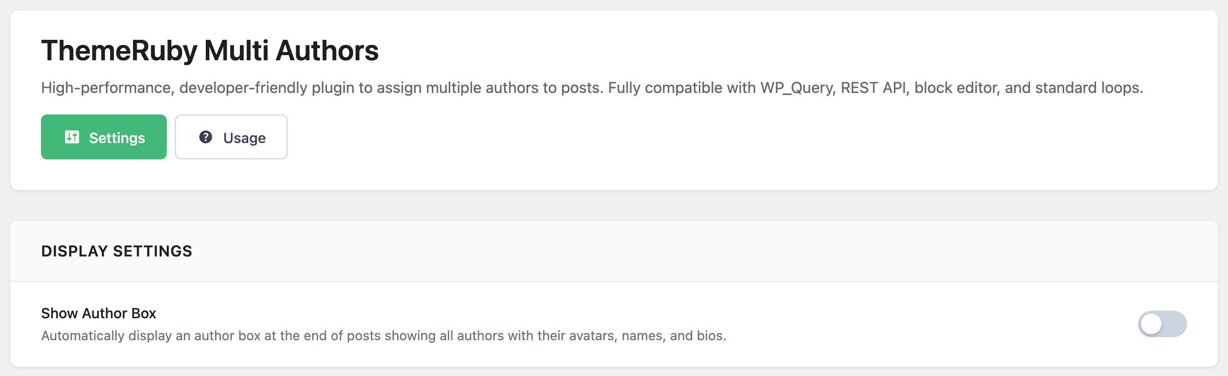Foxiz > ThemeRuby Multi Authors on its Settings tab, showing the Display Settings section: Show Author Box switched off
