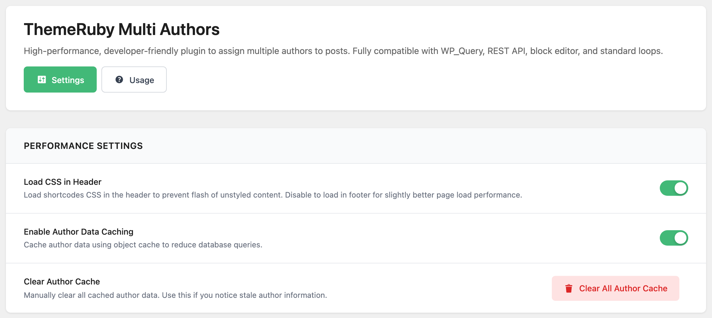 Foxiz > ThemeRuby Multi Authors on its Settings tab, showing the Performance Settings section: Load CSS in Header and Enable Author Data Caching switched on, and Clear Author Cache with its Clear All Author Cache button