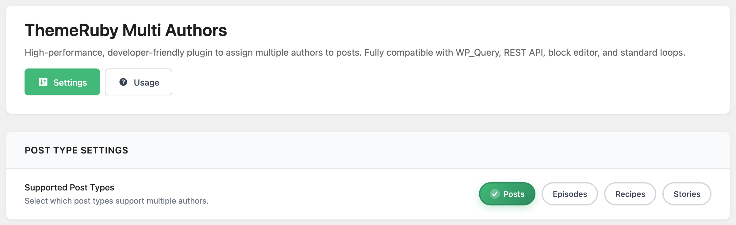 Foxiz > ThemeRuby Multi Authors on its Settings tab, showing the Post Type Settings section: Supported Post Types with Posts selected and Episodes, Recipes and Stories not