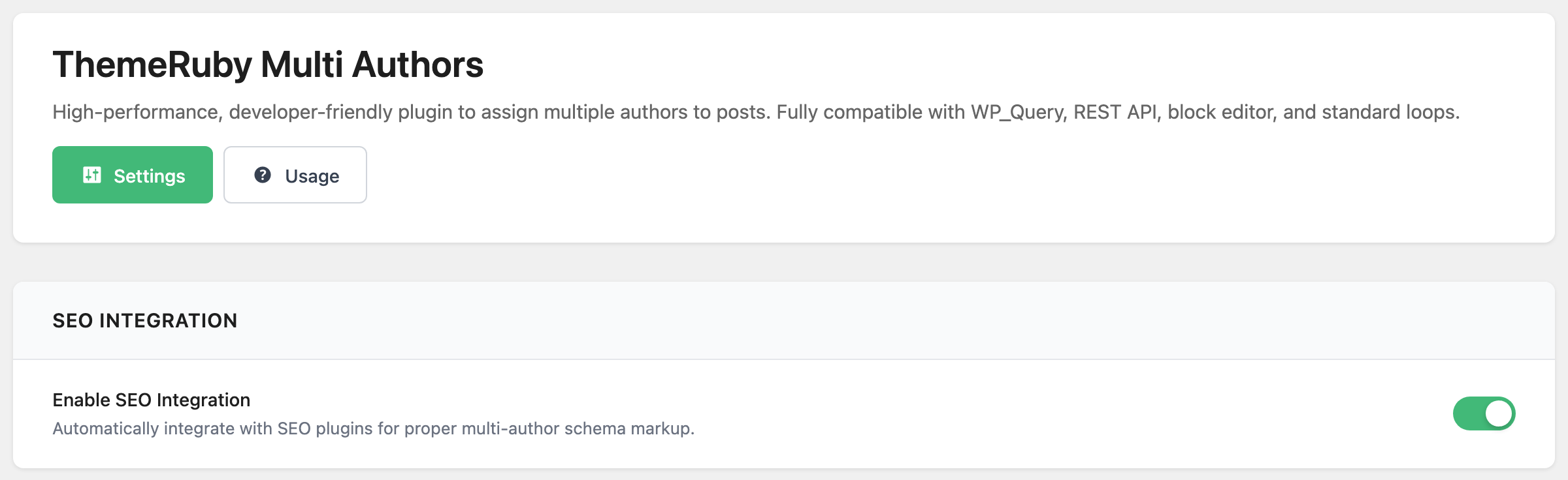 Foxiz > ThemeRuby Multi Authors on its Settings tab, showing the SEO Integration section: Enable SEO Integration switched on