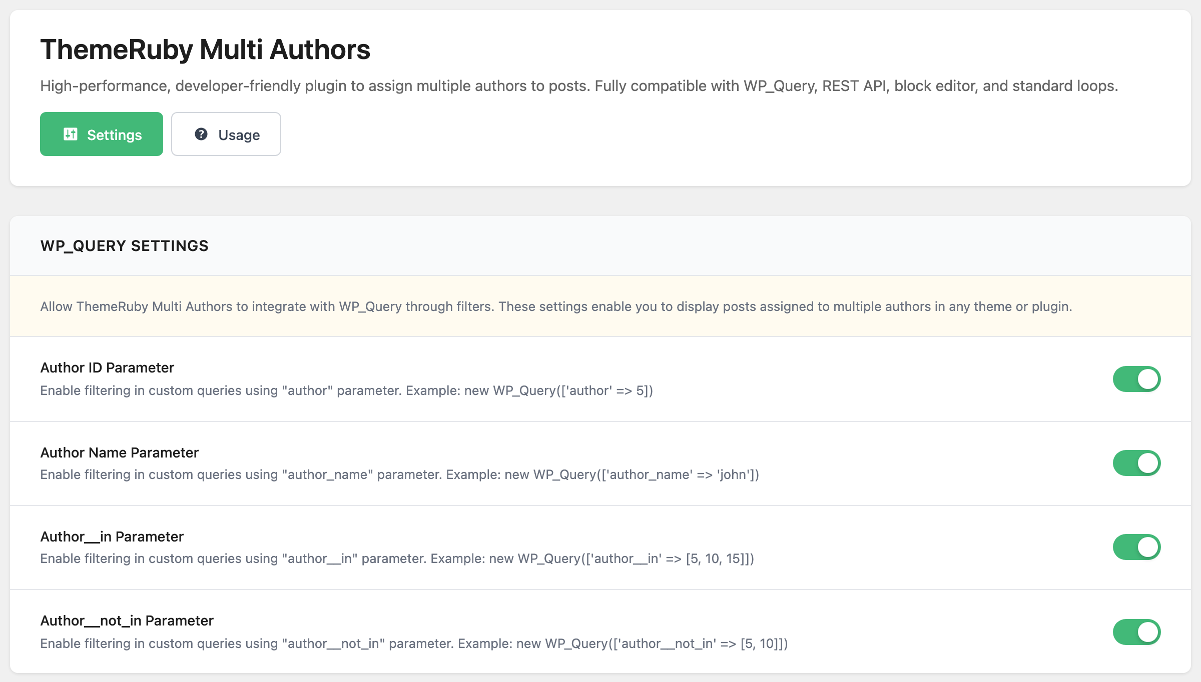 Foxiz > ThemeRuby Multi Authors on its Settings tab, showing the WP_Query Settings section: its note, then Author ID Parameter, Author Name Parameter, Author__in Parameter and Author__not_in Parameter, all switched on