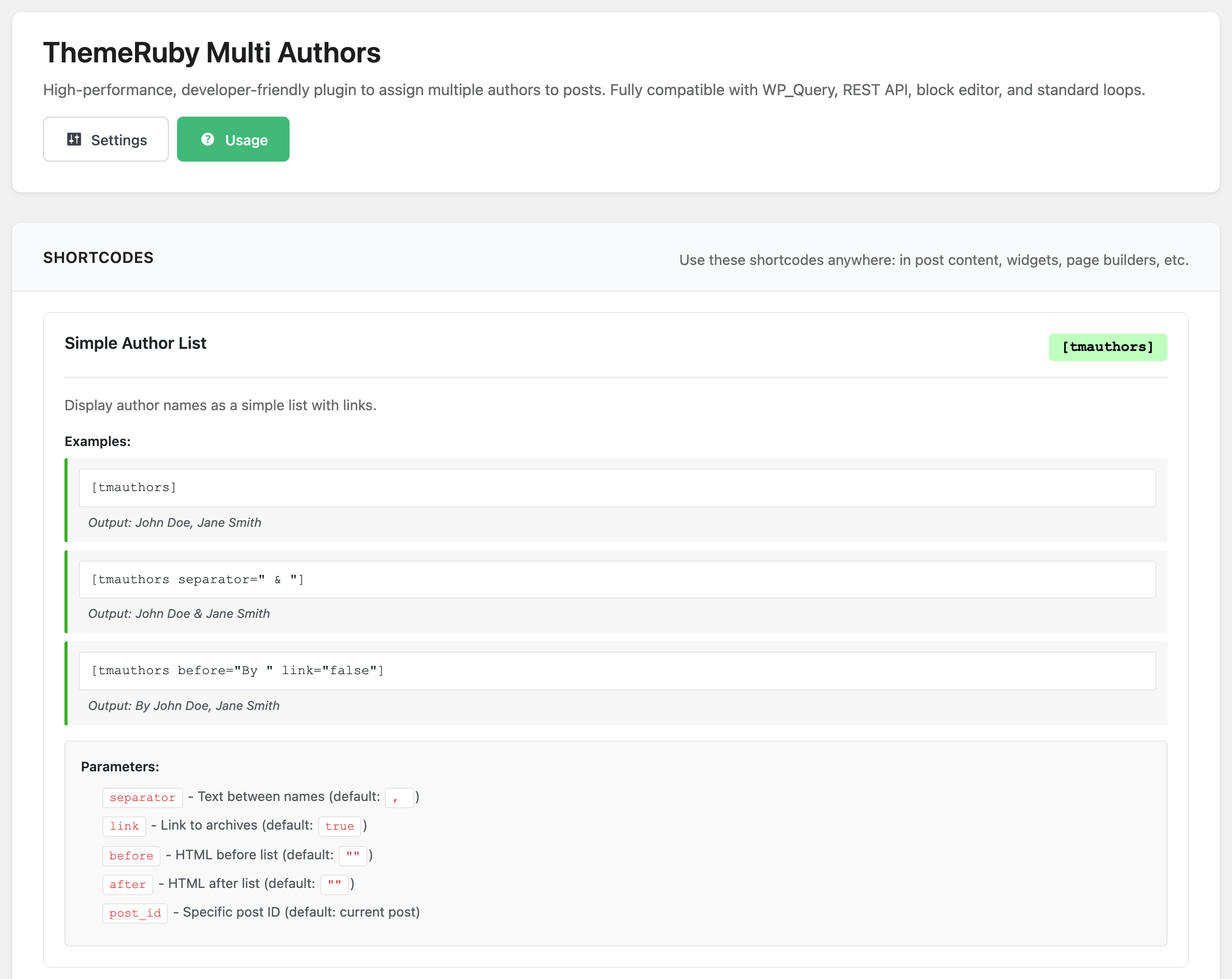 The Usage tab of Foxiz > ThemeRuby Multi Authors, with the first of the five shortcode cards, Simple Author List for [tmauthors], showing its examples and parameters