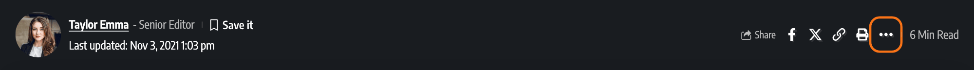 The share bar under a post title on the Foxiz Default demo, the three dots Native Share button at its end outlined