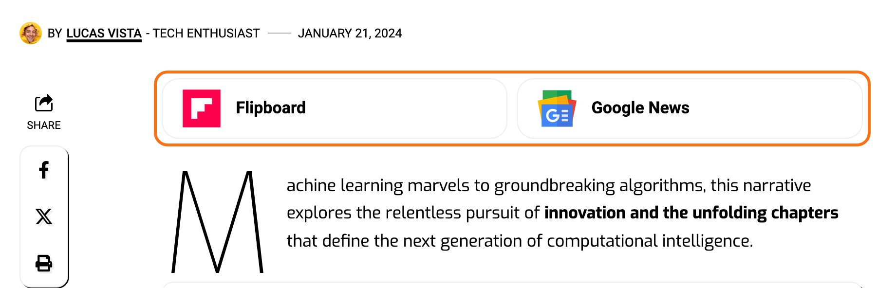 Flipboard and Google News buttons, outlined in orange, sitting side by side above the first paragraph of a post on the Foxiz SmartStats demo