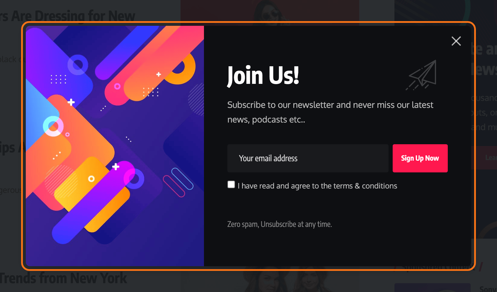 The newsletter popup on the Foxiz Default demo in Center Popup mode, its cover image beside the sign up form, outlined in orange