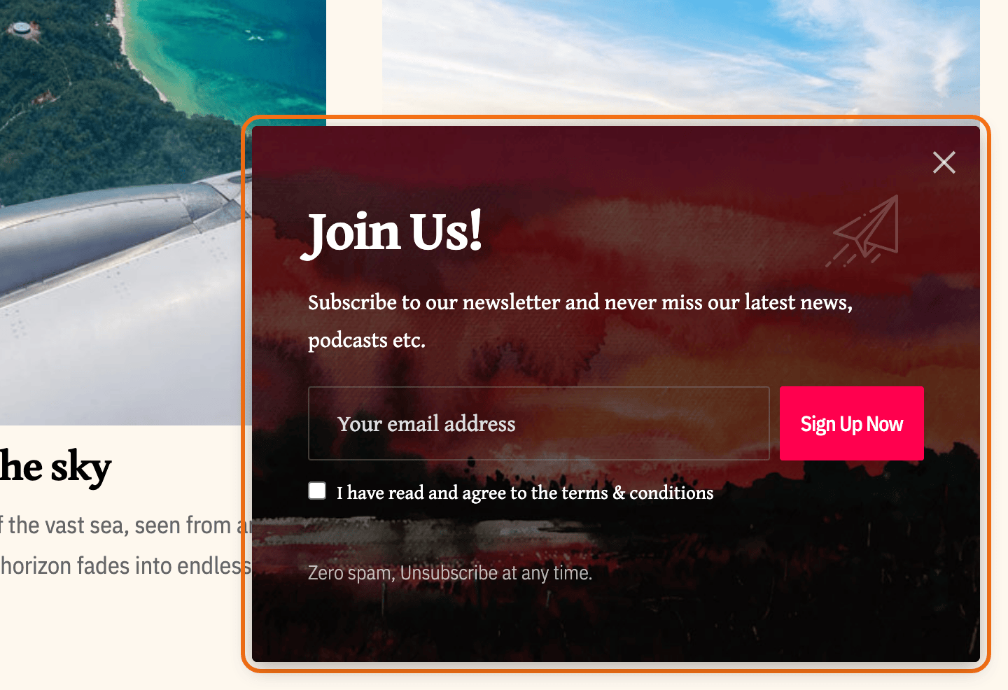 The newsletter popup in Fixed Right mode on the Foxiz Life Unfiltered demo, pinned to the bottom right corner, outlined in orange