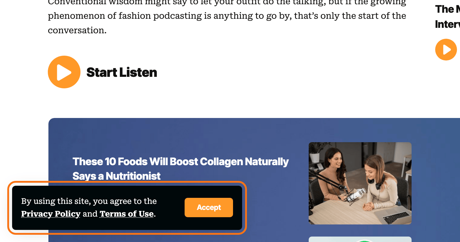 The privacy bar at its default Fixed Left position on the Foxiz Podcasts demo, a dark box at the bottom left with the notice and an Accept button, outlined in orange