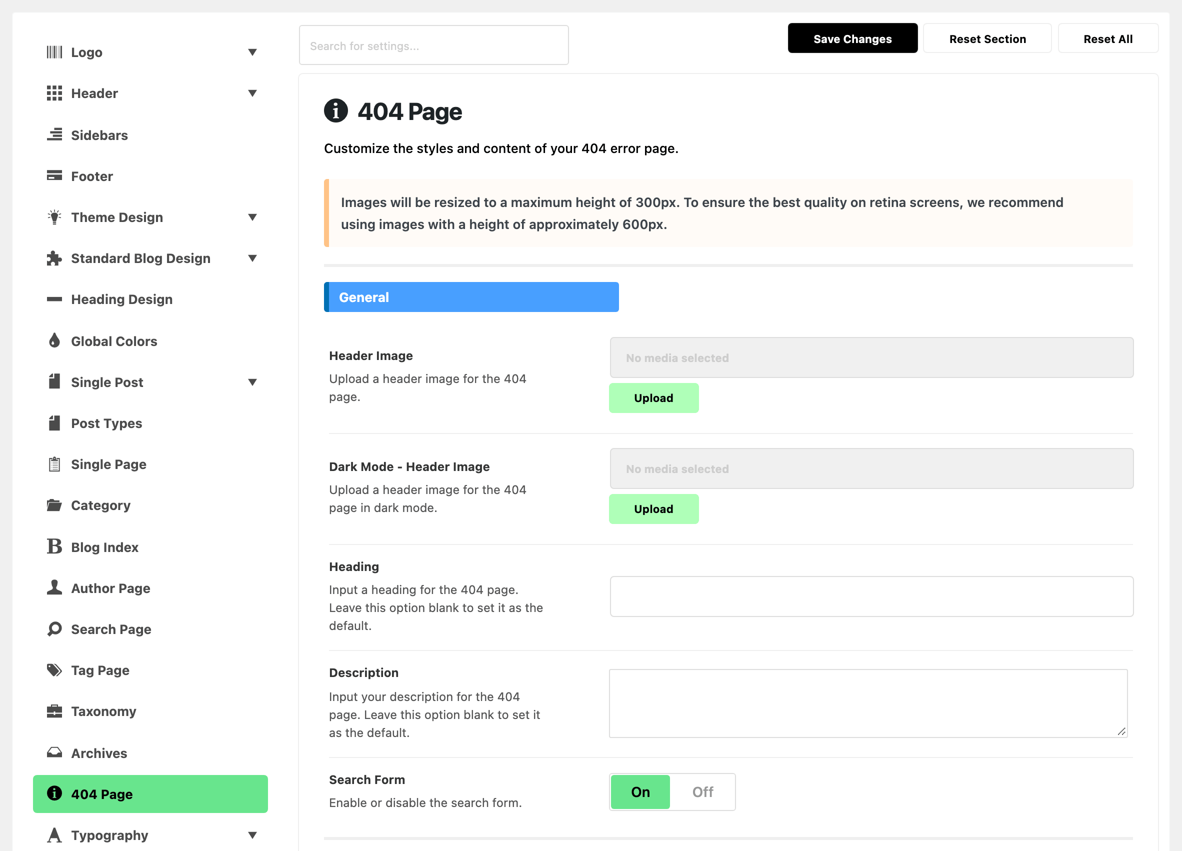Theme Options with 404 Page highlighted in the section list, beside the 404 Page panel: the note about image height, then the General group with Header Image and Dark Mode - Header Image empty, Heading and Description blank and Search Form on