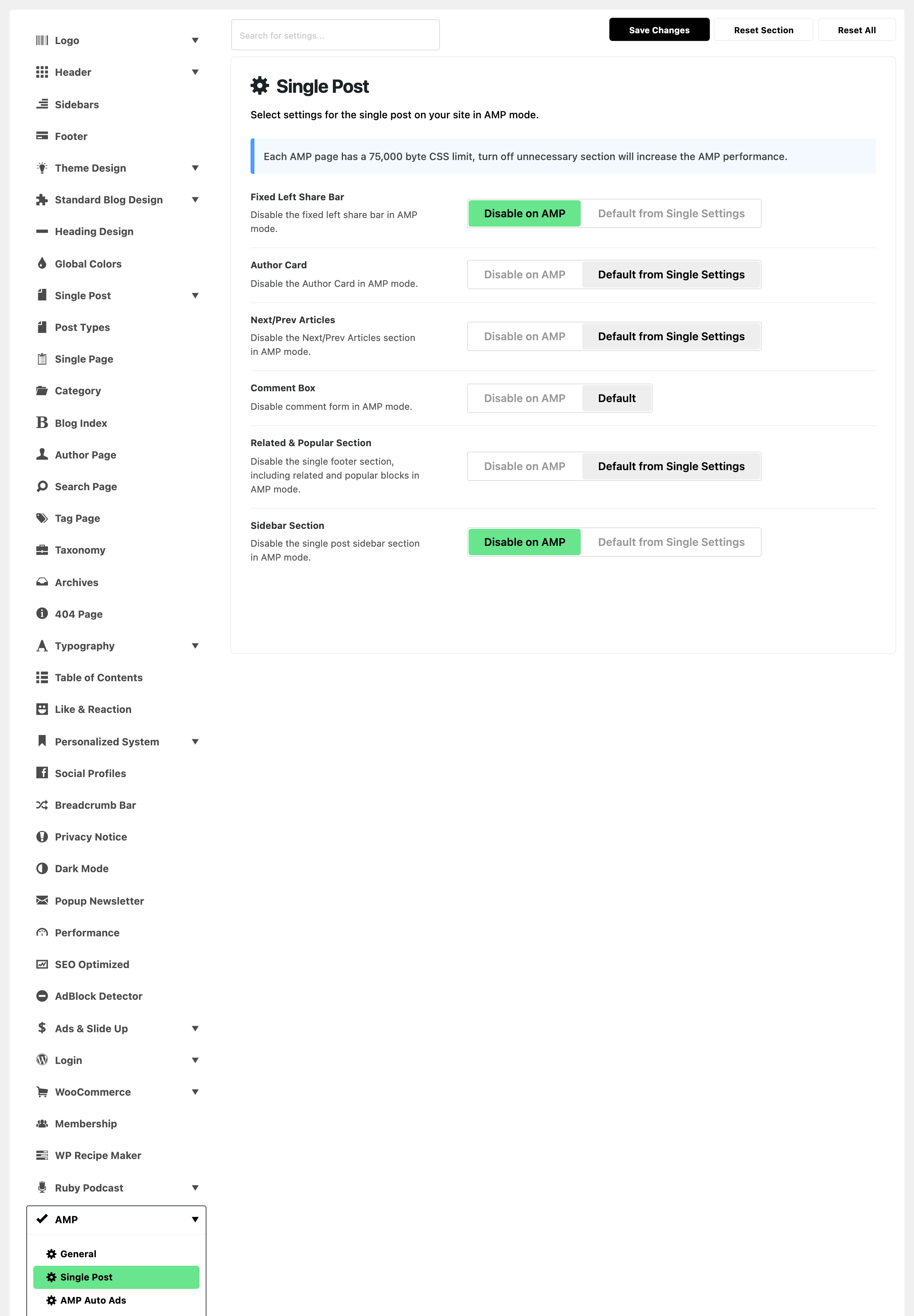 Theme Options with AMP expanded in the section list and Single Post highlighted, beside the whole AMP Single Post subsection: Fixed Left Share Bar on Disable on AMP, Author Card, Next/Prev Articles and Related & Popular Section on Default from Single Settings, Comment Box on Default, and Sidebar Section on Disable on AMP