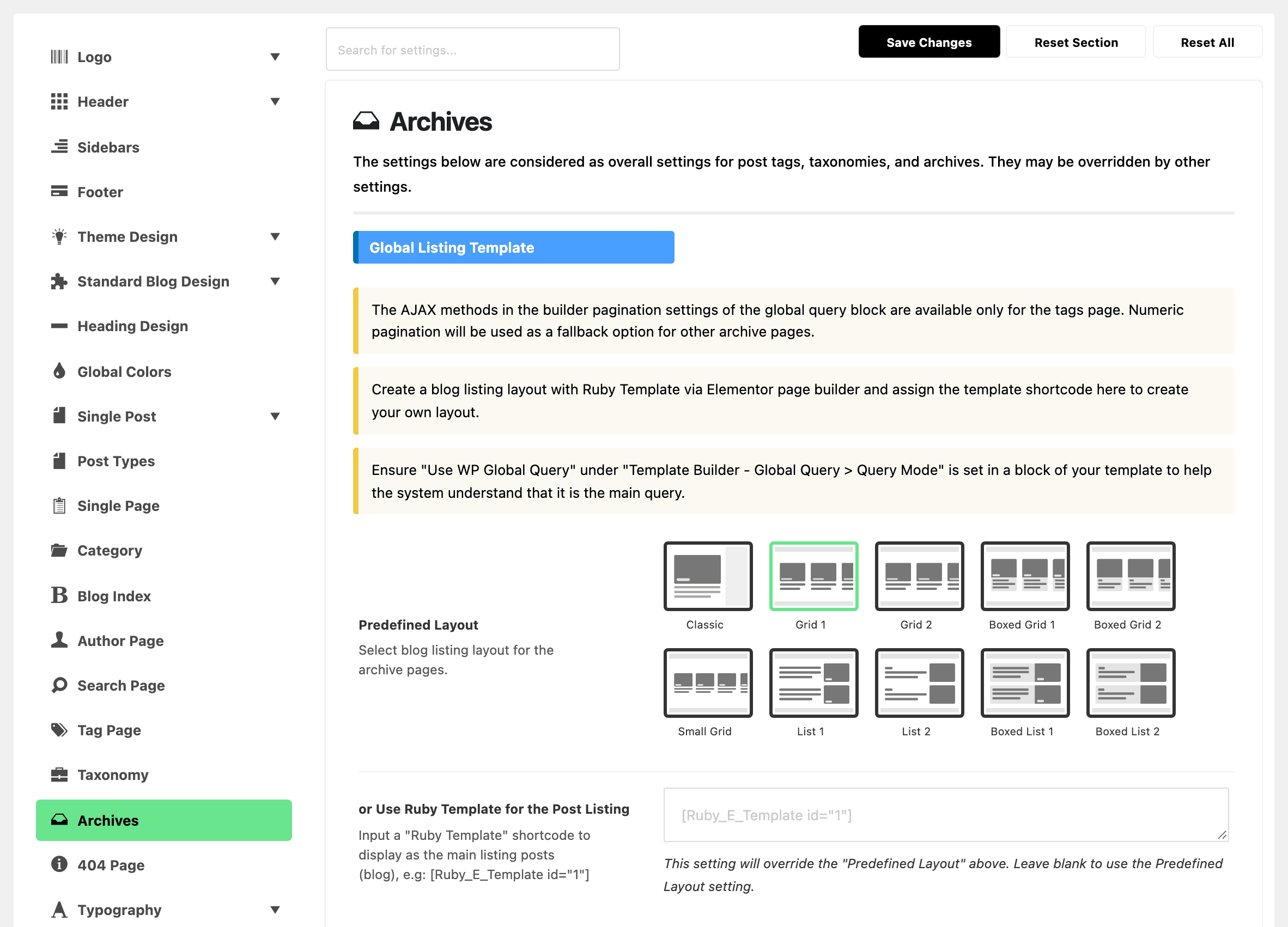 Theme Options with Archives highlighted in the section list, beside the Global Listing Template group of the Archives panel: three notes on Ruby Templates, the ten Predefined Layout thumbnails with Grid 1 selected, and or Use Ruby Template for the Post Listing empty