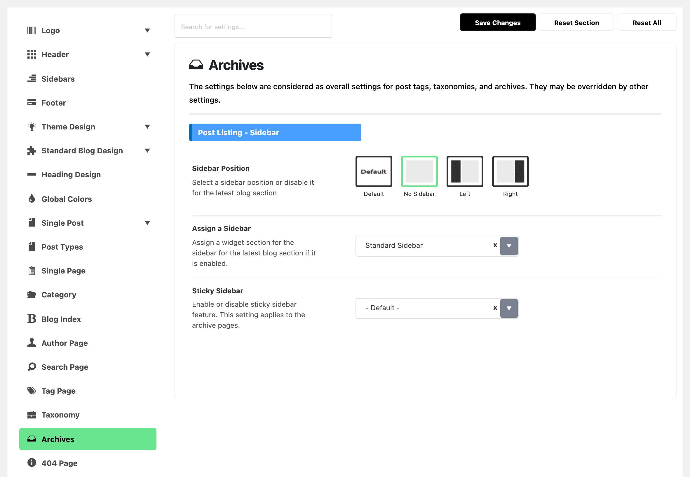 Theme Options with Archives highlighted in the section list, beside the Post Listing - Sidebar group of the Archives panel: Sidebar Position on No Sidebar, Assign a Sidebar on Standard Sidebar and Sticky Sidebar on - Default -