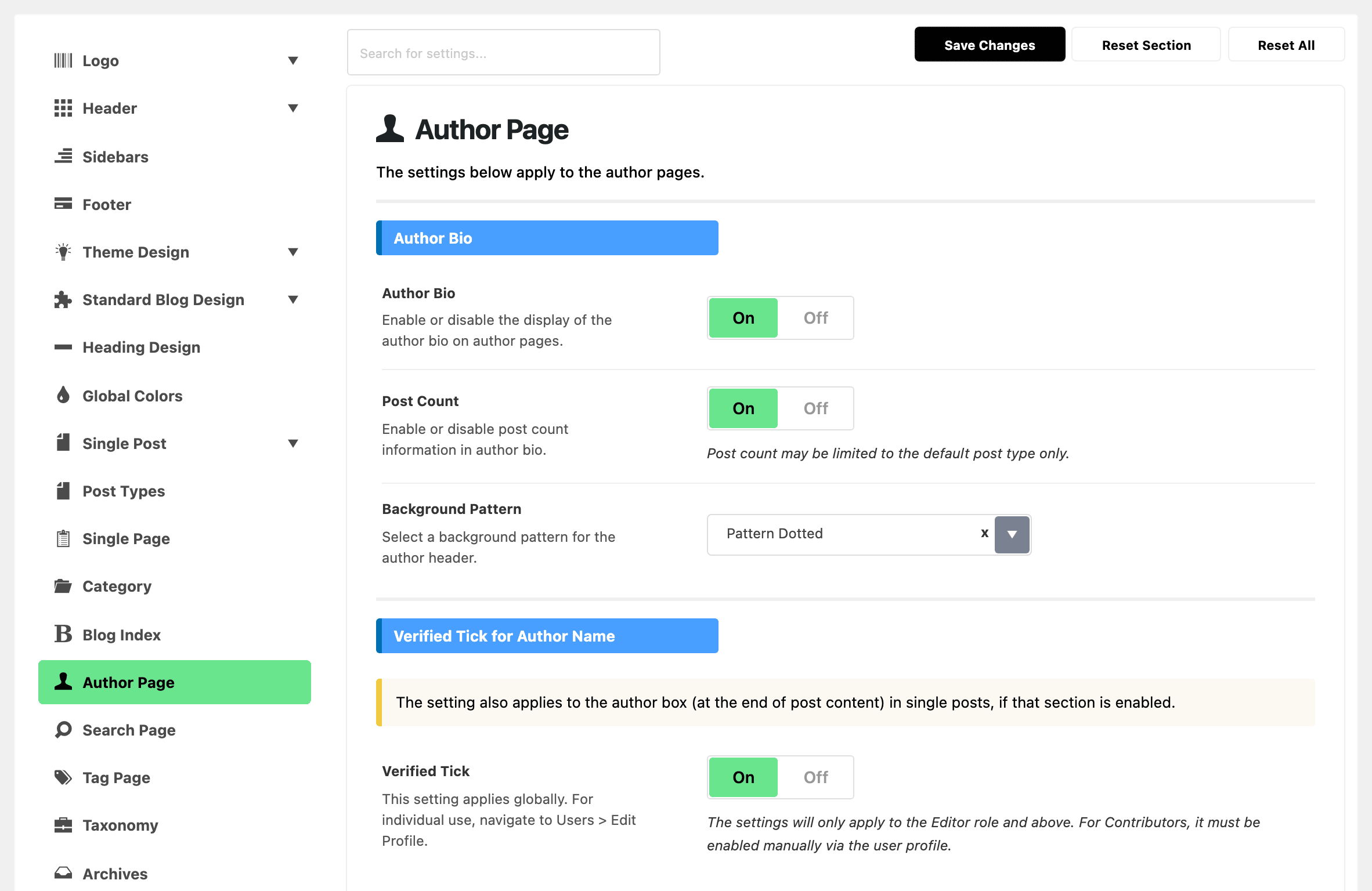 Theme Options with Author Page highlighted in the section list, beside the Author Bio and Verified Tick for Author Name groups: Author Bio and Post Count on, Background Pattern on Pattern Dotted, and Verified Tick on with its note that it applies to the Editor role and above