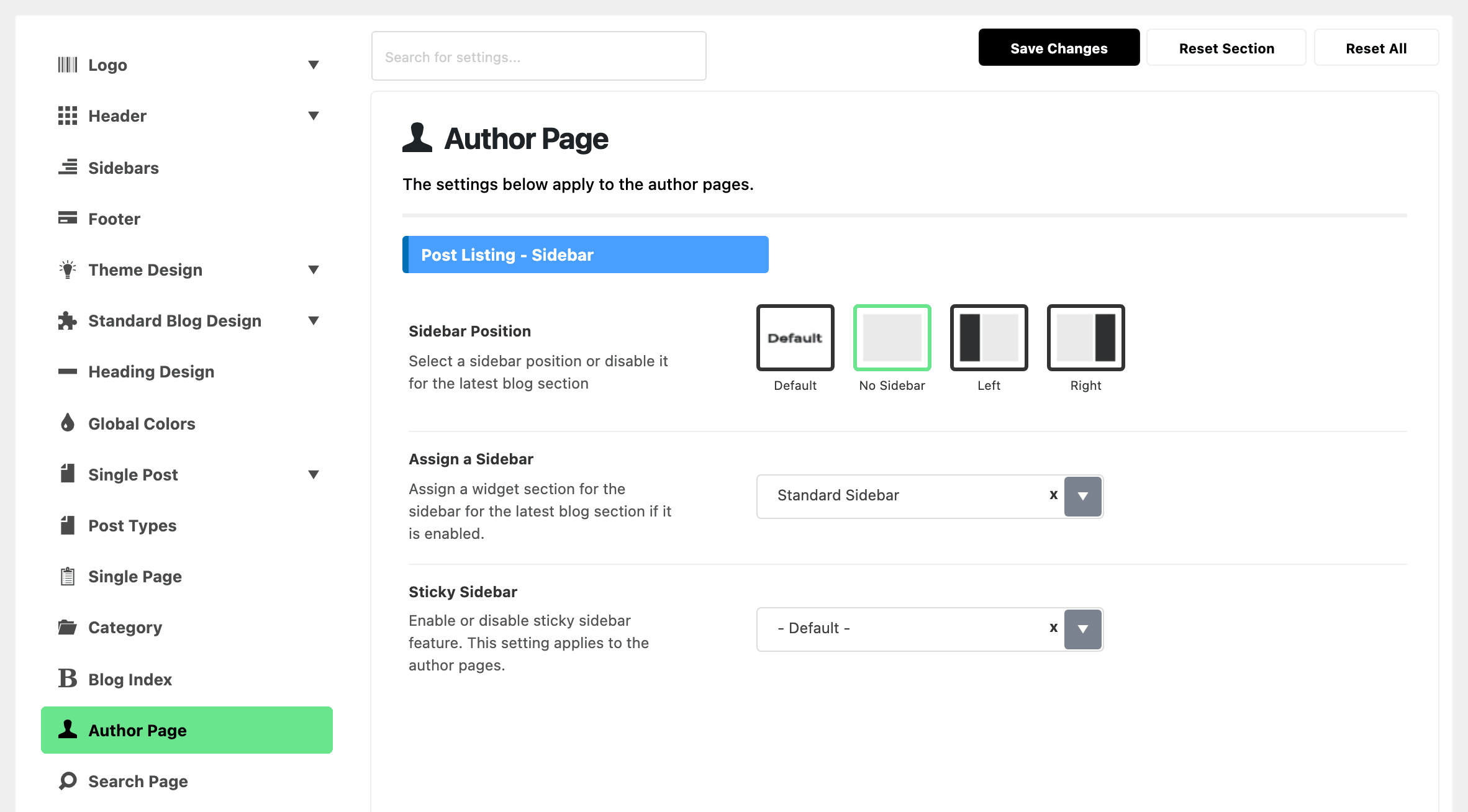 Theme Options with Author Page highlighted in the section list, beside the Post Listing - Sidebar group of the Author Page panel: Sidebar Position on No Sidebar, Assign a Sidebar on Standard Sidebar and Sticky Sidebar on - Default -