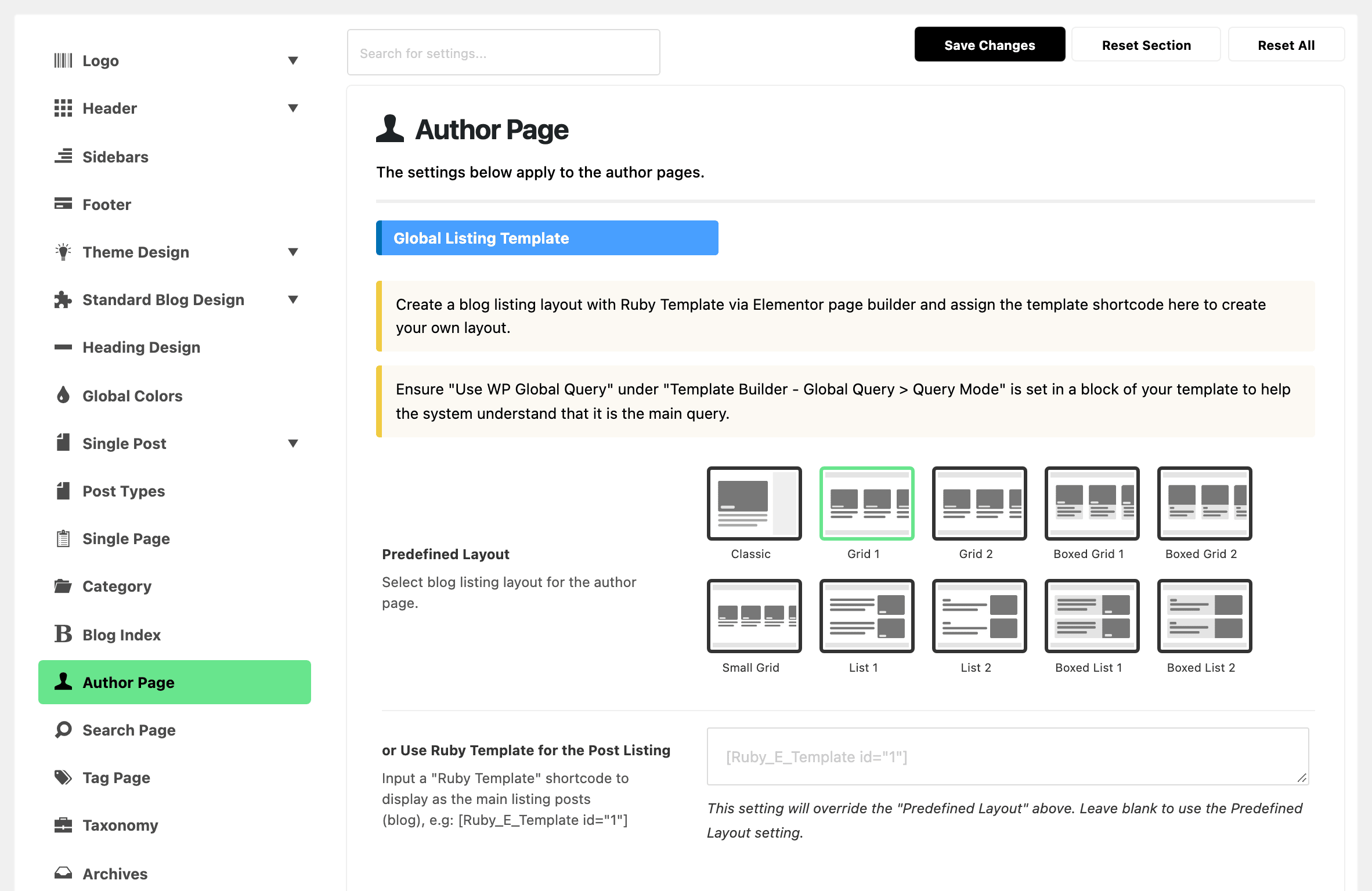 Theme Options with Author Page highlighted in the section list, beside the Global Listing Template group of the Author Page panel: two notes on Ruby Templates, the ten Predefined Layout thumbnails with Grid 1 selected, and the empty or Use Ruby Template for the Post Listing field