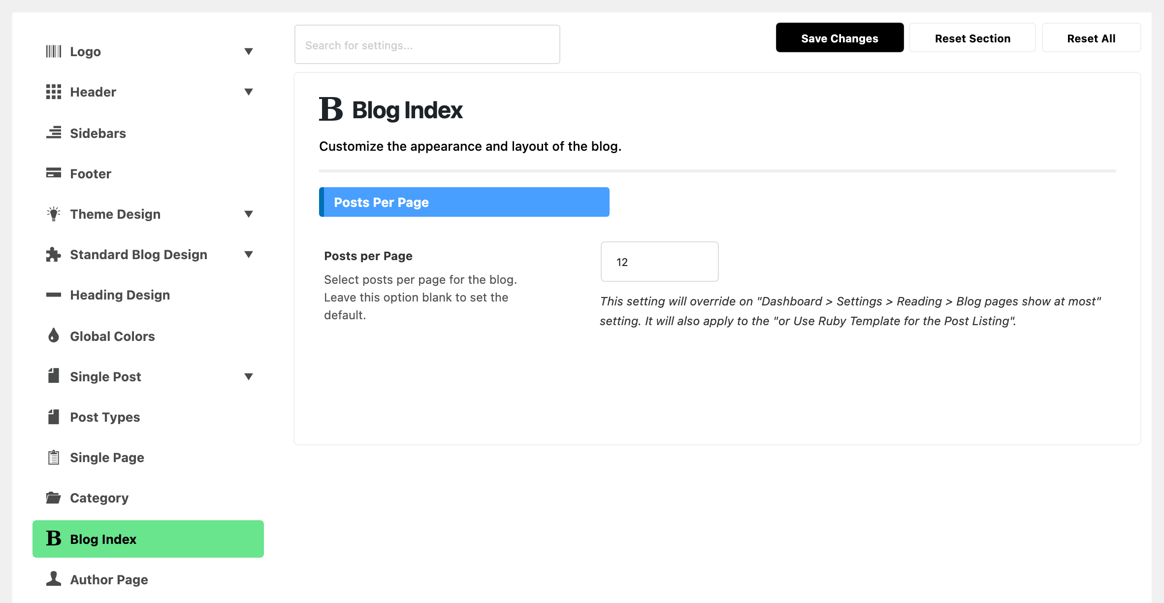 Theme Options with Blog Index highlighted in the section list, beside the Posts Per Page group of the Blog Index panel: Posts per Page with 12 typed in, and the note that it overrides Settings > Reading > Blog pages show at most