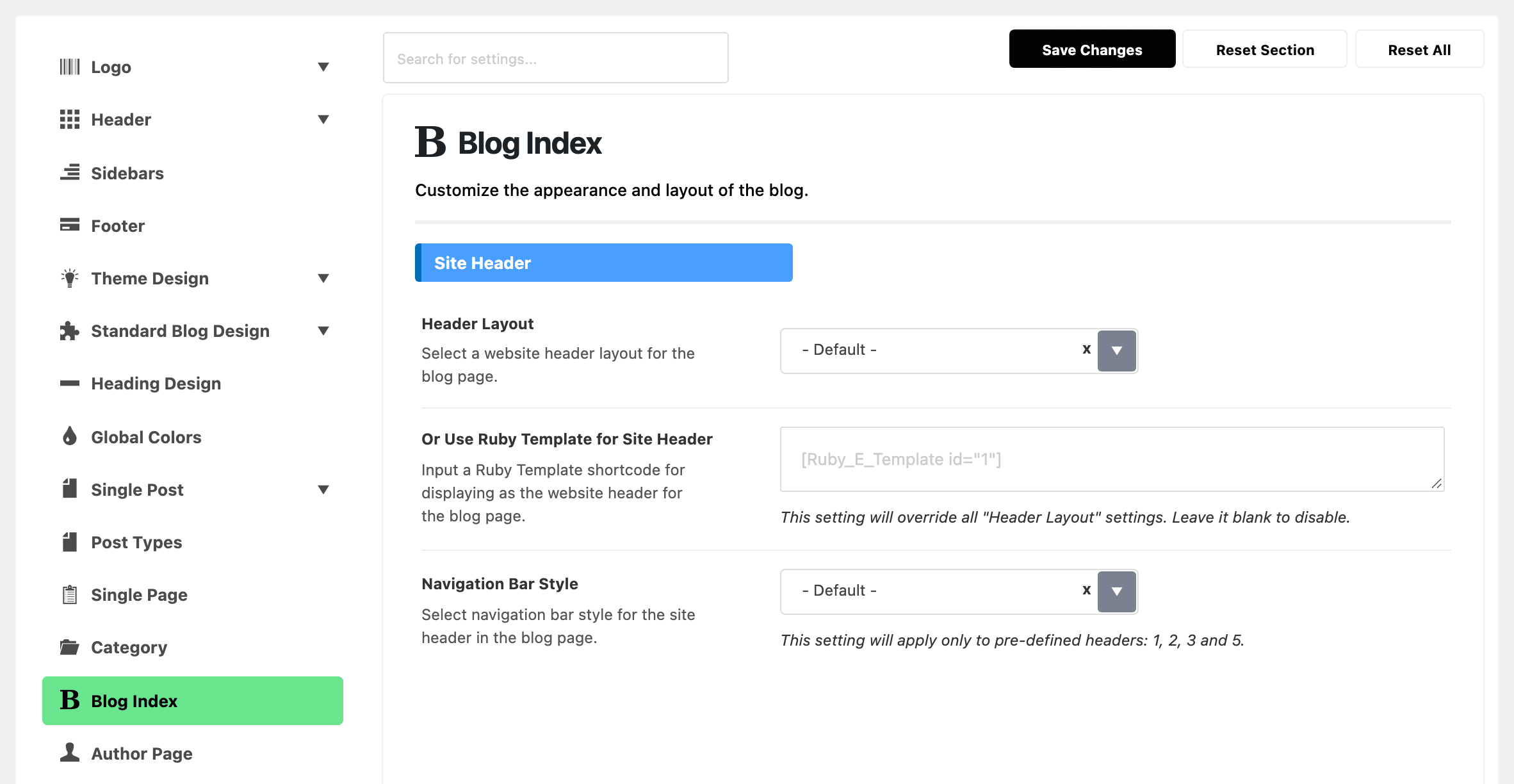 Theme Options with Blog Index highlighted in the section list, between Category and Author Page, beside the top of the Blog Index panel: the Site Header group with Header Layout and Navigation Bar Style on - Default - and Or Use Ruby Template for Site Header empty