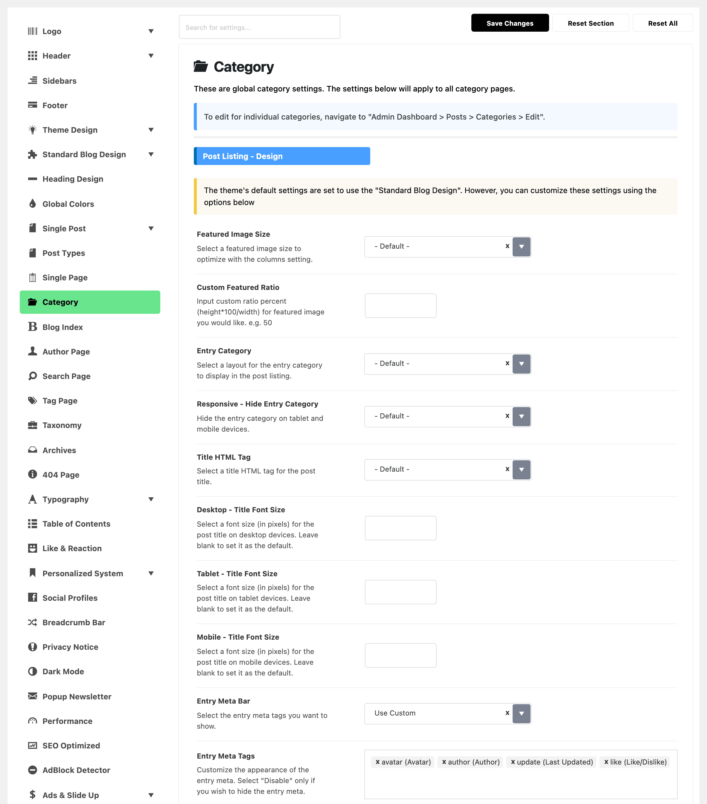 Theme Options with Category highlighted in the section list, beside the Post Listing - Design group of the Category panel, from Featured Image Size down to Entry Meta Bar set to Use Custom and the Entry Meta Tags field it reveals, holding avatar (Avatar), author (Author), update (Last Updated) and like (Like/Dislike)