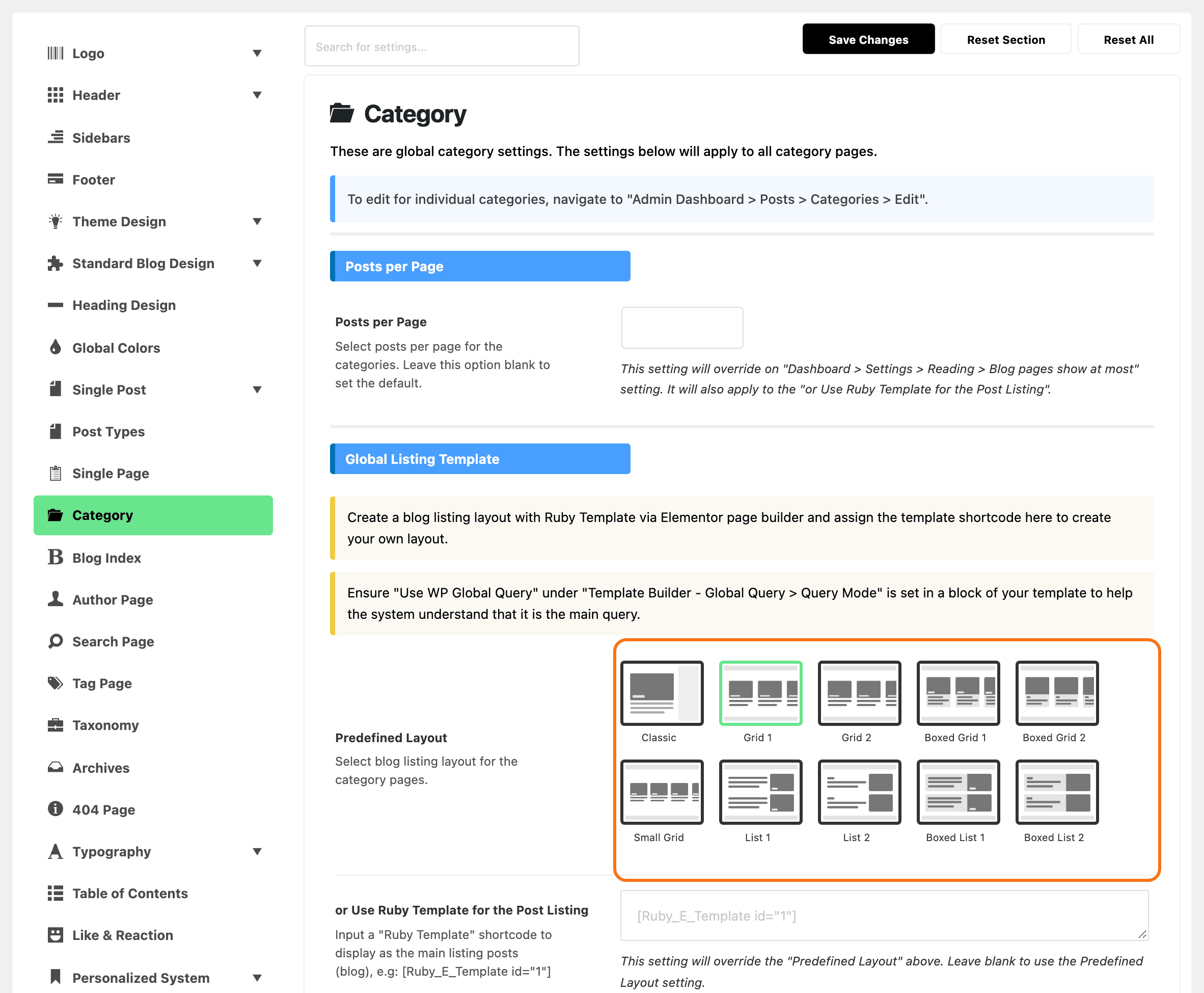 Theme Options with Category highlighted in the section list, beside the Posts per Page group, its field empty, and the Global Listing Template group with Predefined Layout on Grid 1, outlined in orange, and its Ruby Template field empty.