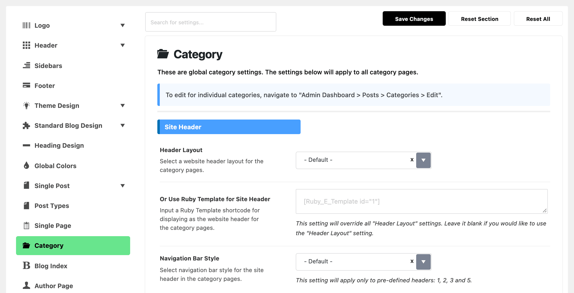 Theme Options with Category highlighted in the section list, beside the top of the Category panel: its note pointing to Posts > Categories > Edit for single categories, then the Site Header group with Header Layout and Navigation Bar Style on - Default - and Or Use Ruby Template for Site Header empty