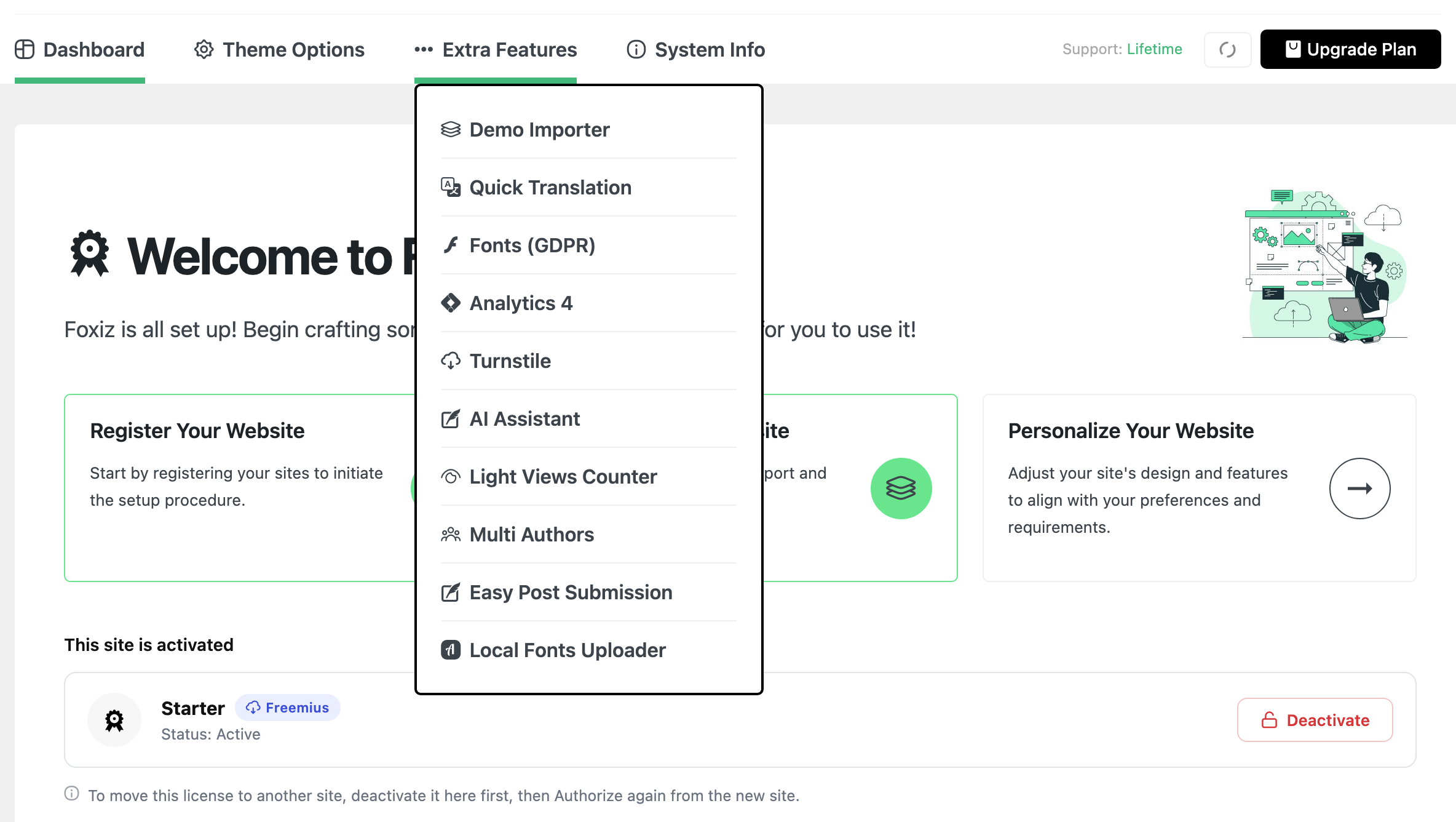 The Extra Features dropdown open under the Foxiz tab bar, listing Demo Importer, Quick Translation, Fonts (GDPR), Analytics 4, Turnstile, AI Assistant, Light Views Counter, Multi Authors, Easy Post Submission and Local Fonts Uploader