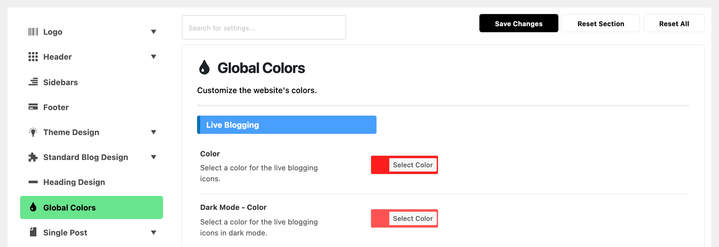 Theme Options with Global Colors highlighted in the section list, beside the Live Blogging group of the Global Colors panel: Color holding a red and Dark Mode - Color a lighter red