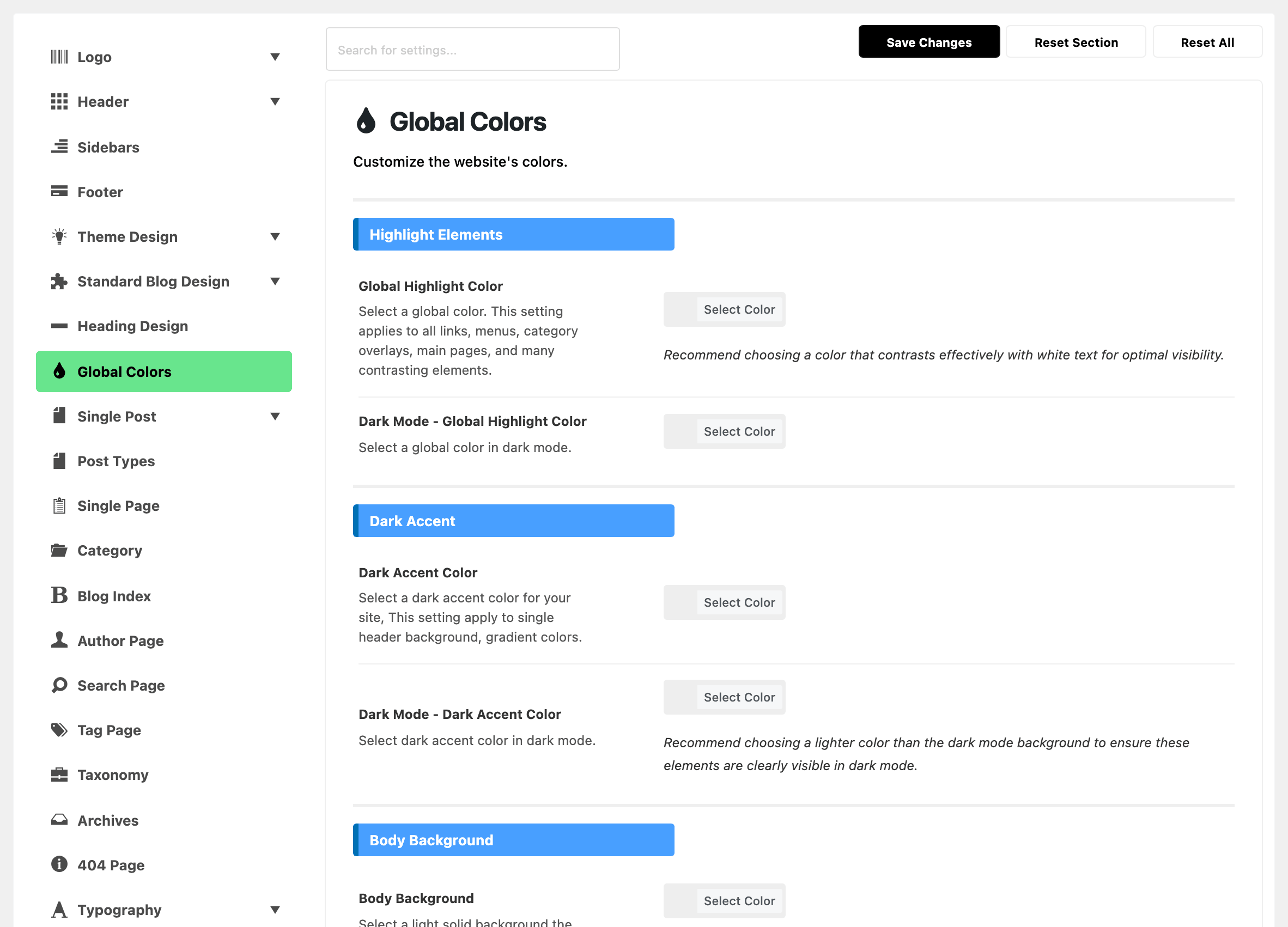 Theme Options with Global Colors highlighted in the section list, beside the Global Colors panel: the Highlight Elements group with Global Highlight Color and its dark mode twin blank, the Dark Accent group, also blank, and the start of Body Background