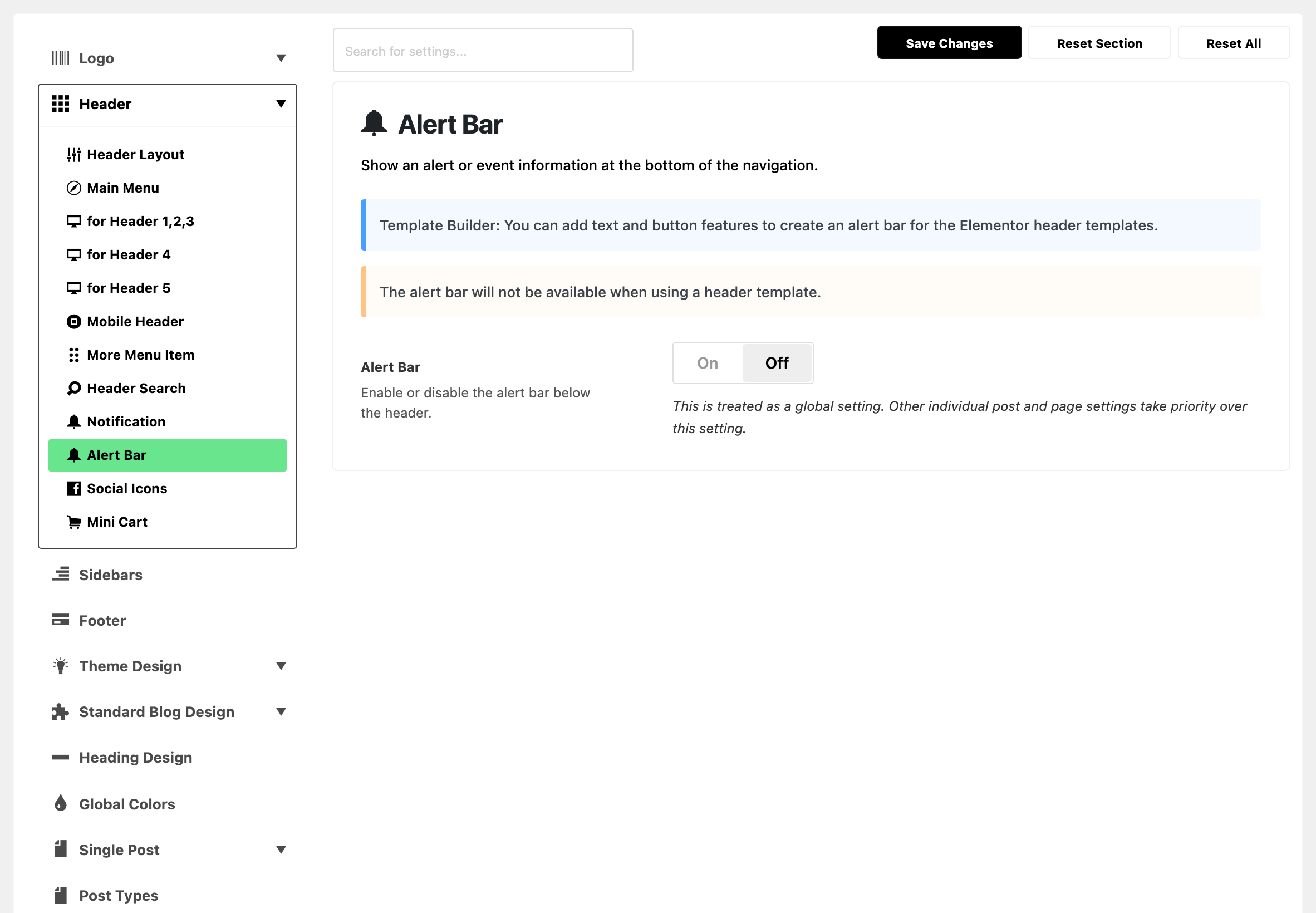 Theme Options with Header expanded in the section list and Alert Bar highlighted, beside the Alert Bar panel: its two notes and the Alert Bar switch off, with none of its other settings showing