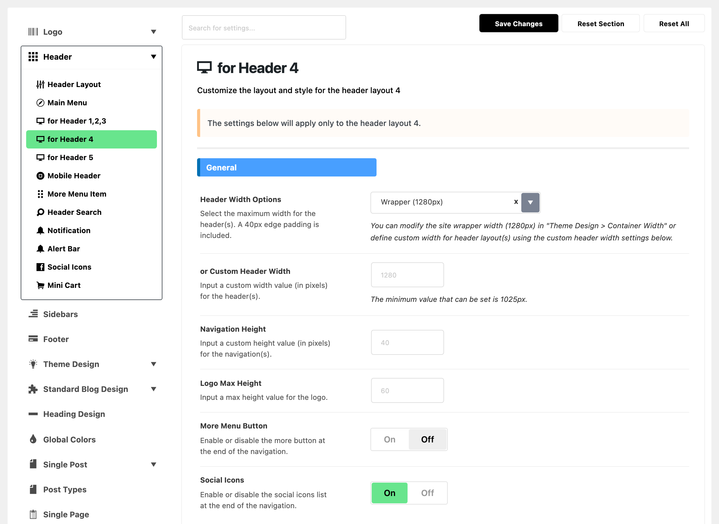 Theme Options with Header expanded in the section list and for Header 4 highlighted, beside the for Header 4 panel: the layout 4 note, then the General group: Header Width Options on Wrapper (1280px), or Custom Header Width, Navigation Height and Logo Max Height blank, More Menu Button off and Social Icons on